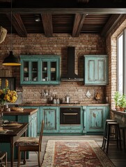 Wall Mural - Kitchen with Brick Wall and Blue Cabinets