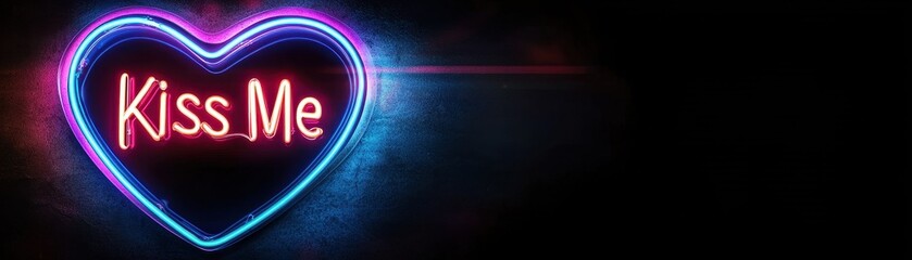 Poster - Neon Heart with Glowing Kiss Me Sign in Bright Colors Against Dark Background