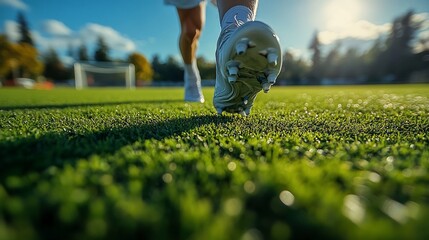 Wall Mural - Athlete running on green turf field during sunset, with goalpost in the background