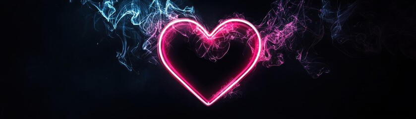 Poster - Softly Glowing Neon Heart in Pink and Red Gradient with Smoke Effects in a Dark Background