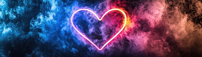 Poster - Vibrant Neon Heart Glow with Colorful Smoke Background Illuminated in Bright Neon Lights