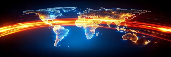 Poster - Global Connections Abstract World Map with Illuminated Continents and Glowing Orange Lines