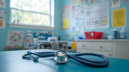 Poster - Pediatric examination room with a stethoscope on a table and medical charts on the wall while focusing on the stethoscope as the main element of the scene