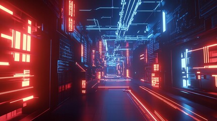 Wall Mural - Futuristic corridor with glowing neon lights in red and blue colors, abstract tech tunnel