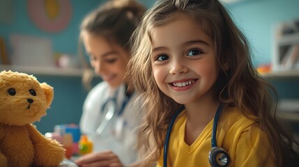 Fototapete - Pediatric lady doctor checking a toddler with a stethoscope with vibrant room decor and educational toys around creating a friendly clinic atmosphere