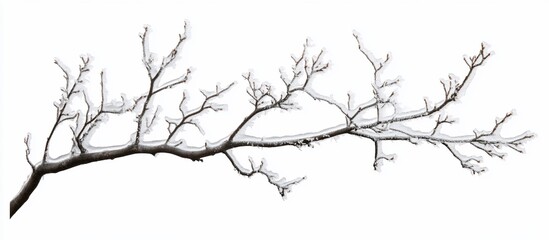 Snowy winter tree branch isolated on white background, design element