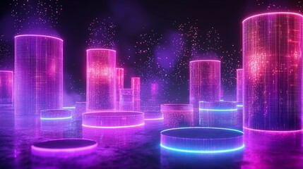 Aufkleber - Neon Glow Cylinders Illuminate Futuristic Cityscape