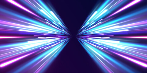 Poster - Horizontal speed lines connection vector background. Futuristic dynamic motion technology blue glowing lines air flow effect. Racing cars dynamic flash effects city road with long exposure.	