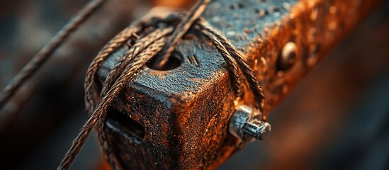 Wall Mural - Rusty metal detail, rope tied, outdoors, blurred background, industrial texture