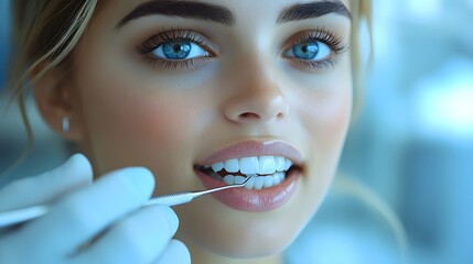 Fototapete - Professional dentist carefully checking a patients teeth in a sleek contemporary dental room with an array of dental instruments neatly arranged around them