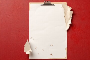 Poster - Clipboard with torn blank paper on a vibrant red background offering ample copy space