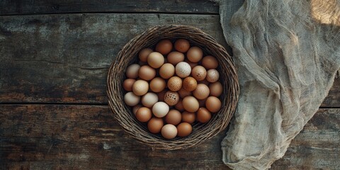 Poster - Basket with eggs on wood