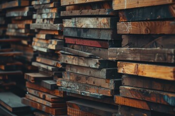 Poster - Reclaimed wood planks stacked, showcasing diverse colors, textures, and signs of previous use, creating an interesting backdrop
