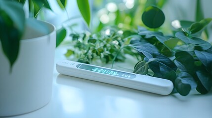Poster - Simple elegant thermometer laid on a minimalist background with a digital display showing temperature embodying the precision and ease of modern diagnostics