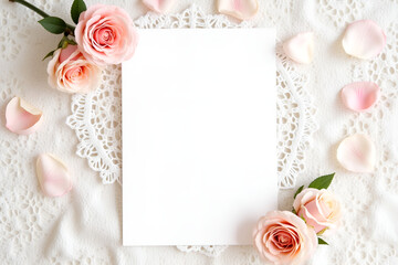 Wall Mural - A beautifully designed wedding invitation card with soft watercolor flowers and gold lettering, placed on a white lace background with scattered rose petals