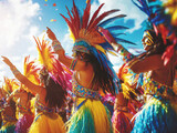 Dancers adorned in dazzling costumes with feathers and vibrant colors sway gracefully during the Rio de Janeiro Carnival. Generative AI