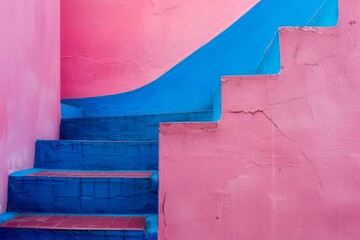 Poster - Pink wall with blue staircase creating a vibrant and contrasting color scheme
