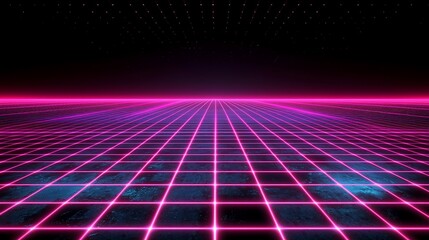 Aufkleber - Retro Futuristic Grid Landscape With Pink Neon Lights