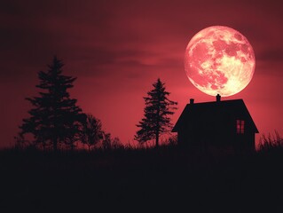 Wall Mural - full moon rising over house