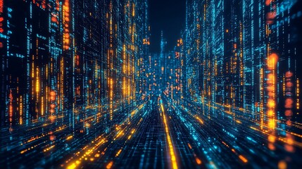 Poster - Abstract Digital Cityscape with Glowing Data Streams