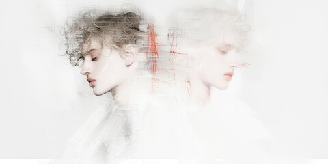 Poster - Digital collage illustrations of abstract human profiles studio environment creative art soft color palette artistic concept