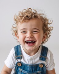 Wall Mural - Toddler Caucasian boy giggling curly blond hair blue overalls on white background