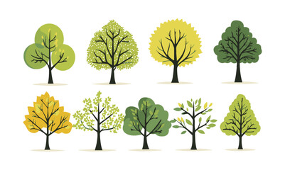Set of tree and leaf collection hand drawn flat design vector element. botanical set of bare trees and ones with leaves and lush green