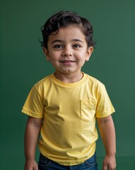 Wall Mural - Toddler Latin boy playful short dark hair yellow t-shirt on green background