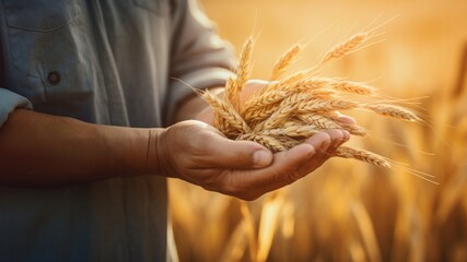 Wall Mural - photo of a dusty farmer hand holding rice grain plant, agriculture background, copy space.