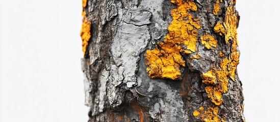 Yellow lichen on tree bark, outdoor, close-up, white background, nature texture