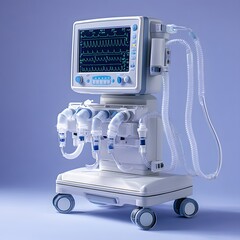 Poster - Sleek medical ventilator with its tubes and monitor isolated on a minimalist background used for respiratory support in critical care