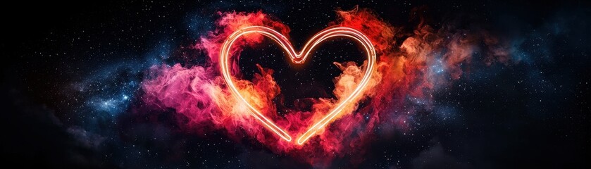 Poster - Glowing Neon Heart in Bright Red and Orange Tones Against a Dark Cosmic Background