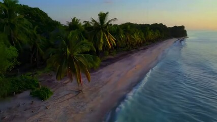 Aufkleber - Tropical sandy beach with ocean view and palm trees at sunset