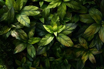 Poster - Close up of vibrant green leaves glistening with water droplets, forming a lush and textured natural background
