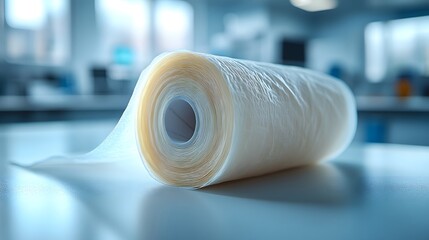 Fototapete - Sterile bandage roll unfurled on a minimalist surface representing care cleanliness and essential medical supplies in healthcare environments