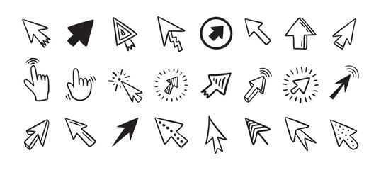 Canvas Print - Cursor doodle icon set. Click cursor hand drawn set. Isolated mouse cursor 