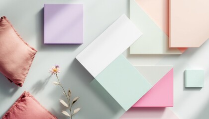 Poster - Pastel geometric composition with cushions, flower, and shapes