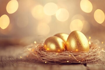 Wall Mural - golden easter eggs nest with fairy lights glowing on wooden table