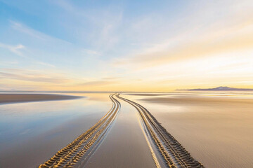 Wall Mural - Tire tracks adorn wet sand at sunset