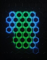 Poster - A neon blue to neon green hexagon light pattern on black background