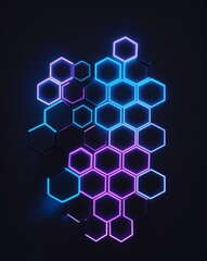 Poster - A neon blue to neon purple hexagon light pattern on black background