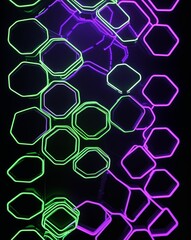 Poster - A neon green to neon purple hexagon light pattern on black background