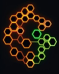 Poster - A neon orange to neon green hexagon light pattern on black background