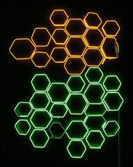 Poster - A neon orange to neon green hexagon light pattern on black background