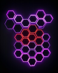 Poster - A neon purple to neon red hexagon light pattern on black background