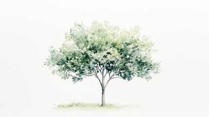Watercolor painting of a single tree on white background, nature illustration for design