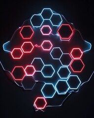 Poster - A neon red to neon blue hexagon light pattern on black background