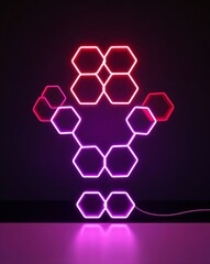 Poster - A neon red to neon purple hexagon light pattern on black background