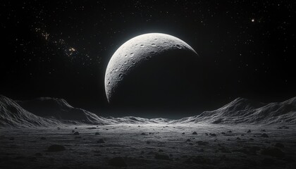 Wall Mural - desolate beauty a crescent moon rises above the rugged, barren terrain of an alien world