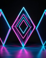 Poster - Neon cyan and pink geometric shapes light patterns on black background